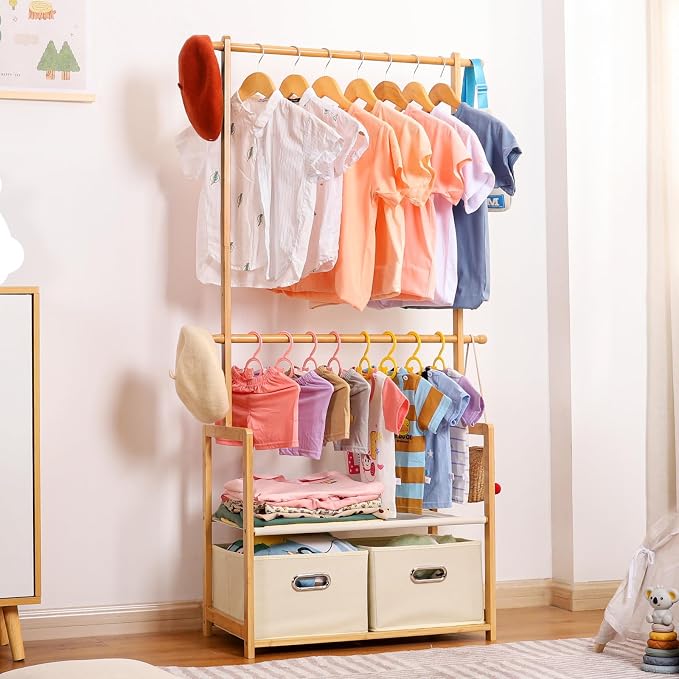 Bamboo Kids Clothing Rack: Holds Up To 121 Lbs of Dress-Up Clothes | 2 Adjustable Hanging Rods & 2 Storage Baskets With Shelf. Child Garment Holder for Playroom & Toddler Bedroom (Natural)