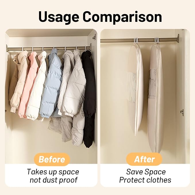 Space Saving Hanging Compression Garment Bag with Zipper for Closet Storage, Hanging Clothes Storage Bag, Garment Covers for Coats and Down Jackets, Pink, L