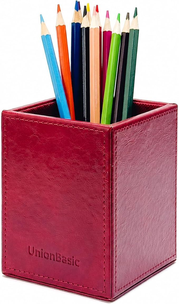 UnionBasic Square Pen Holder, Leather Pencil Cup, Desktop Caddy Stationery Organizer (Burgundy)