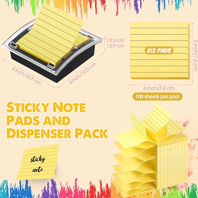 Thenshop 10 Pads Pop up Sticky Notes with 1 Pack Pop up Note Dispenser Note Holder Black Base Clear Top Self Stick Memo Ruled Adhesive Notes 3x3 Ruled Memo Pads Refills 100 Sheet/pad