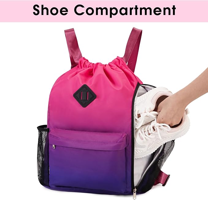 WANDF Drawstring Backpack with Shoe Compartment, Sports Gym Bag | Multi-Pocket Storage, Water-Resistant Fabric, Cinch String Bag