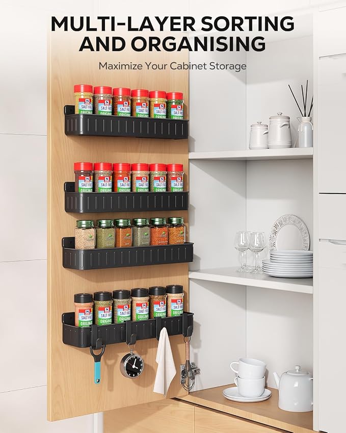 Nieifi Spice Rack Wall Mount, 4 Pack, Black, 2 Inch Depth, Screw or Adhesive Installation, Spice Rack Organizer for Small Spice Jars, Suitable for Kitchen Cabinet or Pantry Door