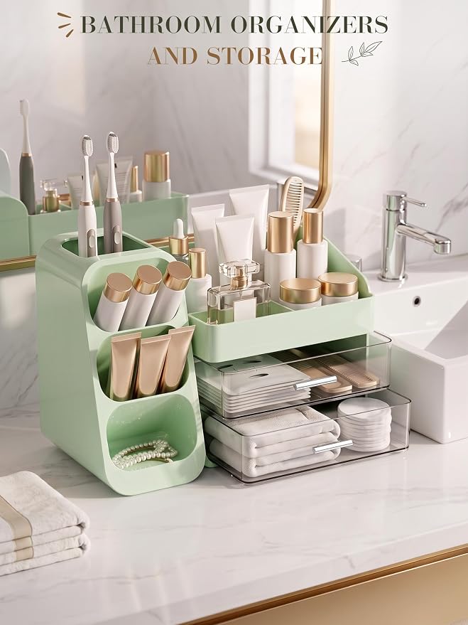 Makeup Organizer with Drawers,Large Capacity Countertop Organizer for Vanity,Bathroom and Bedroom Desk Cosmetics Organizer,Easy To Storage Skincare,Brushes,Lotions (Green)