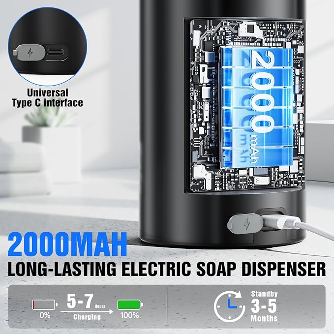Fantictas Touchless Foaming Soap Dispenser, Stainless Steel Automatic Foam Soap Dispenser, USB-C Rechargeable Sensor Pump with 3 Adjustable Levels, 11.5 oz for Bathroom & Kitchen