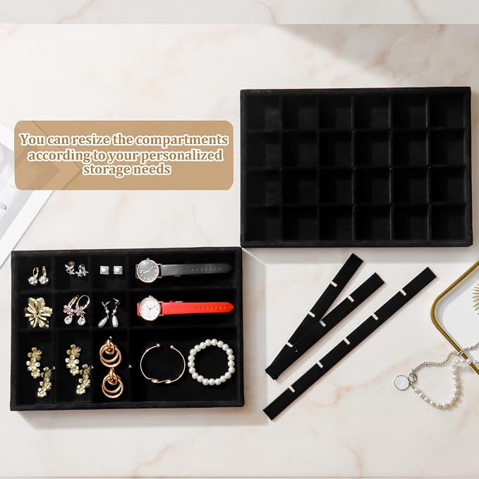 Large Stackable Jewelry Tray 4 Pack Velvet Jewelry Display Drawer Inserts Trays Organizer for Earring Bracelet Necklace Ring (Black, 24 Grids)