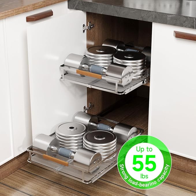 Expandable Pull Out Drawers for Cabinets, Kitchen Cabinet Slide Out Shelves, Adjustable Roll Out Drawers, Stainless Steel, Medium 2 Pack, (14.5"-24") Width x 17.5" Depth