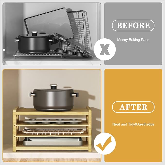 4 Tier Wooden Tray Dividers for Cabinets, Kitchen Vertical Baking Sheet Organizer, Storing Pans, Baking Trays, Cutting Board