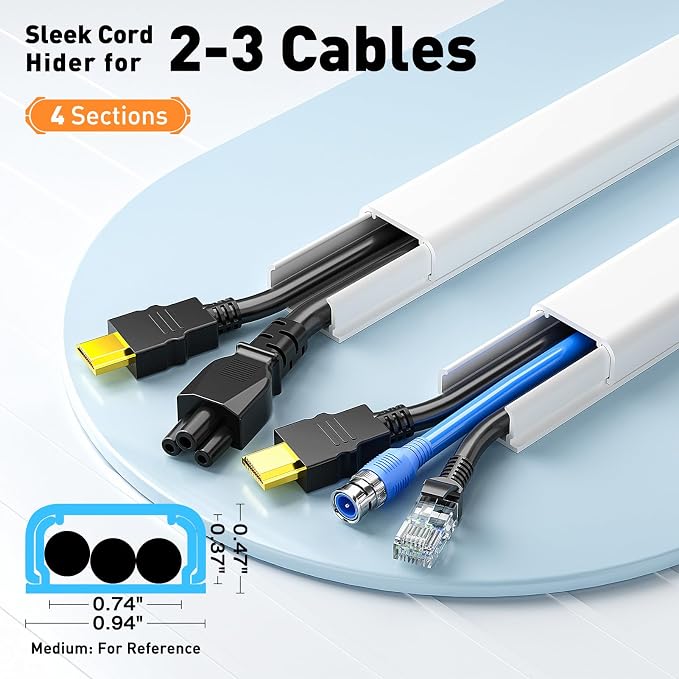 Delamu TV Cord Hider, Cord Covers for 2-3 Wires on Wall, Paintable Cable Hider Wire Covers for Cords, Easier Setup Wire Hiders for TV on Wall, Cable Cover Management to Hide Wires, W0.94H0.47in, White