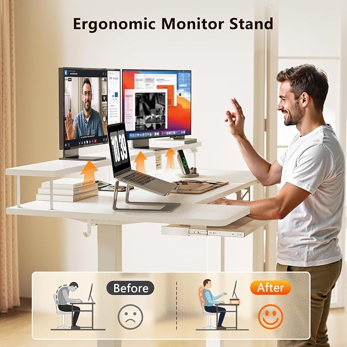 OffiGo 55 Inch U Shaped Electric Standing Desk with Keyboard Tray, White | 3 Outlets & 2 USB Ports, Dual-Monitor Stand, 10 Colors & 10 LED Modes, 3 Presets, 28.3"-46.5"in Range, 154 lb Capacity