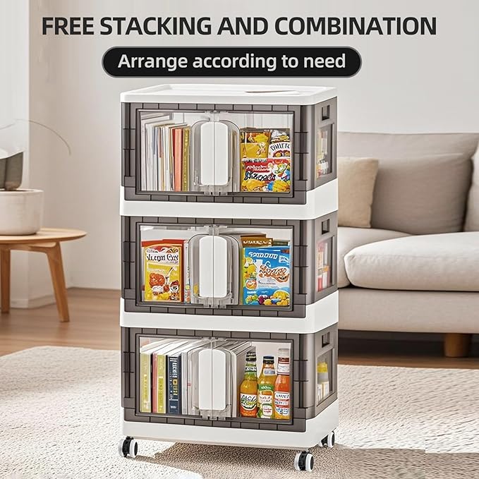 Folding Storage Organizer with Silent casters | Stackable Design for Home & Office, Heavy-Duty Plastic Storage Bin with Clear Door, 3 Sizes (19.5/23.5/27.5in),Black/White (27.6" 3 layer, White)