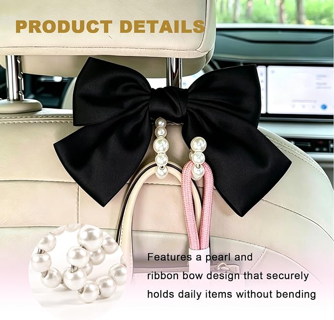2 PCS Bow Pearl Car Seat Headrest Hook, Auto Rear Seat Hanging Organizer Elegant Pearl Decoration, Cute Bow Vehicle Interior Seatback Storage Hooks for Handbags Purses Groceries (Black)