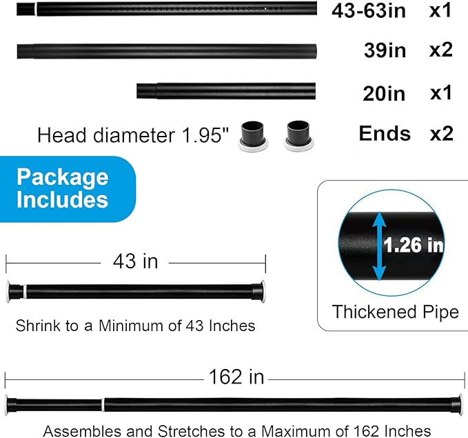 Large Long Tension Curtain Rod 43-162 in (3.6-13.5 ft) | 1.26" Diameter, Spring Adjustable Heavy Duty Curtains Pole for Windows Door Bathroom Patio Outdoor No Drilling, Black