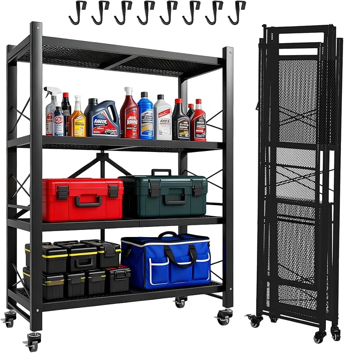 Folding Storage Shelves, Heavy Duty Garage Shelving Unit, Adjustable Metal Standing Storage Rack Shelf, No Assembly Wire Shelving Organizer with Wheels for Kitchen Pantry Warehouse (4-Tier, 1 Pack)