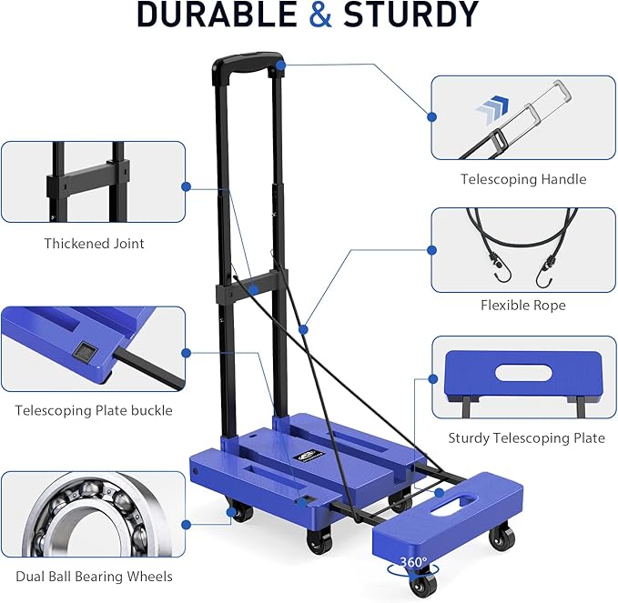 SPACEKEEPER Folding Hand Truck, 500 LB Capacity Luggage Cart, Portable Folding Dolly with 6 Wheels and 2 Elastic Ropes for Luggage, Personal, Travel, Auto, Moving and Office Use, Blue