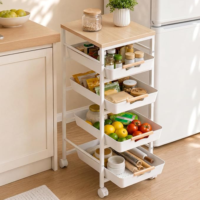 Pipishell Rolling Storage Cart with Drawers & Lockable Wheels, 5 Tier Kitchen Cart with Safety Stops & Vented Design, Wood Top, Pull-Out Utility Cart for Kitchen, Home Office, Bedside, White