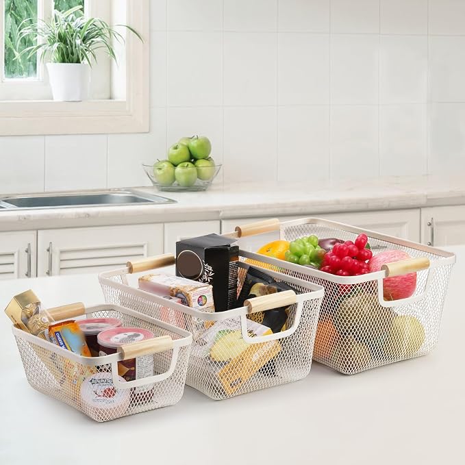 Noamus 3 Pack Metal Mesh Baskets with Wood Handle, Iron Storage Organizer Basket, Cream White Wire Countertop Baskets for Organizing, Cabinet Pantry Closet Bedroom Kitchen(3 Size)