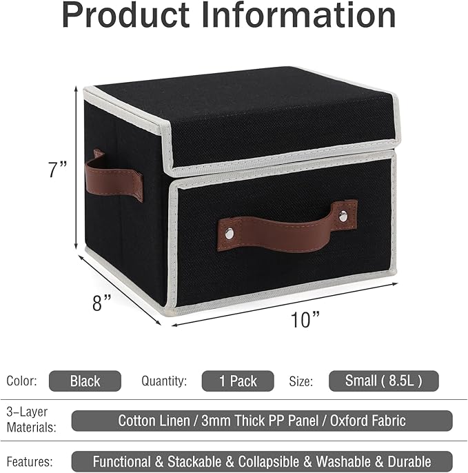 Storage Bins Box with Lids Front Opening Window Decorative Cotton Linen Fabric Basket PU Leather Handles Washable PP Plastic Board Foldable Shelf Closet Organizer Container (Black, Small)