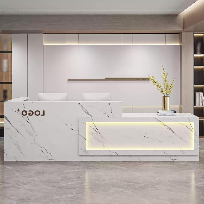 Modern Reception Desk with Counter, Front Desk Reception Counter with Lockable Drawer, Keyboard Tray & Storage Cabinet, Solid Wood Receptionist Table for Salon Office Lobby (F - Right, L 160cm/63in)