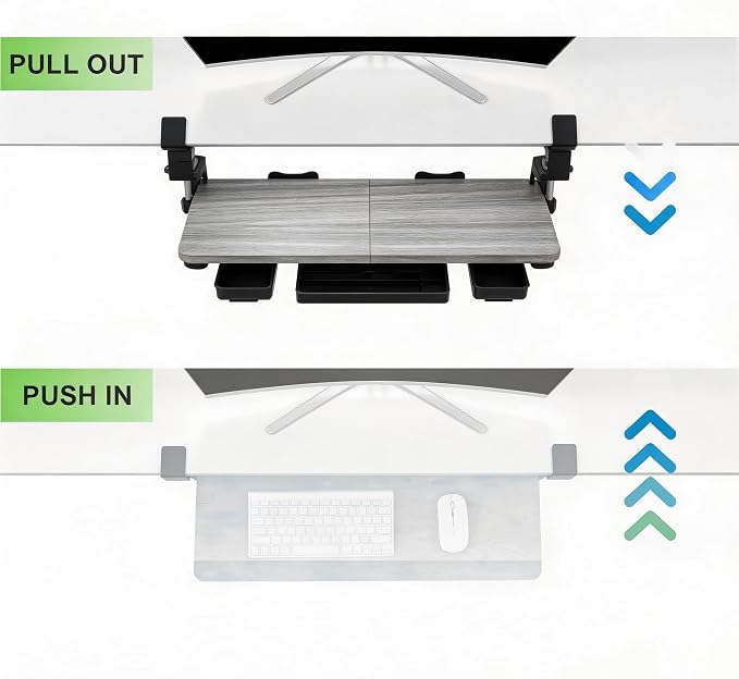 Keyboard Tray Under Desk with Drawer,26.77" X 11.81" Keyboard Tray Large Size with C Clamp-on Mount, Easy to Install, Save Space for Office Desk (Grey)