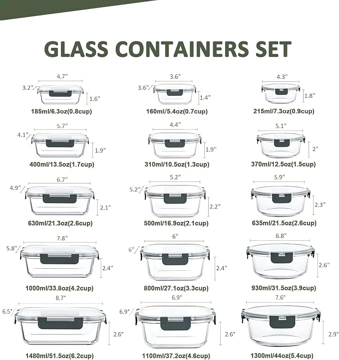 KOMUEE 30 Pieces Glass Food Storage Containers Set, Glass Meal Prep Containers Set with Snap Locking Lids, Airtight lunch Containers for Microwave, Oven, Freezer & Dishwasher,Gray