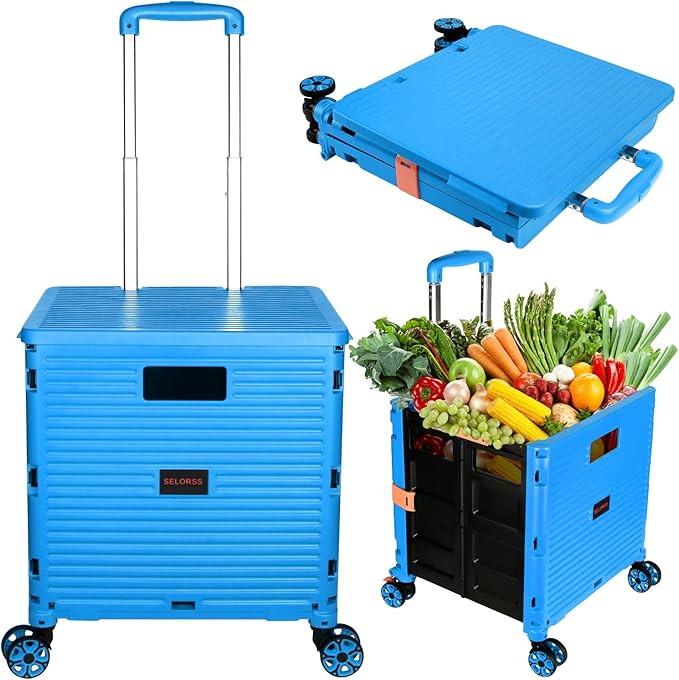 SELORSS Foldable Utility Cart Portable Collapsible Crate Rolling Carts with Wheels Rolling Tote Basket Teacher Cart with Lid Wear-Resistant 360°Rotate Wheel Noiseless for Shopping Storage Office Use