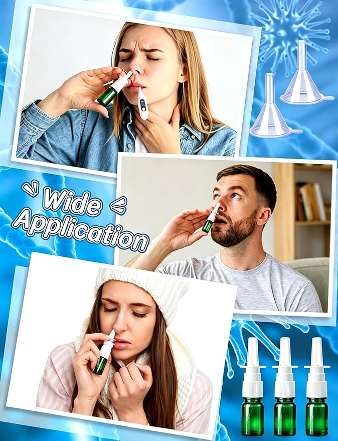 10 Pcs Nasal Spray Bottle, 5ML/0.17OZ 6 Pcs Green Fine Mist Glass Refillable Empty Nasal Spray Bottle with 2 Funnels and 2 Labels
