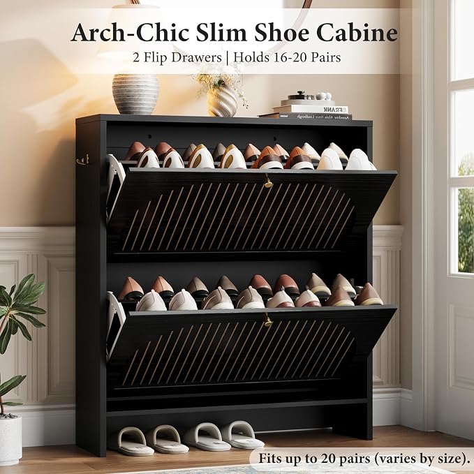 Nicetree Arch-Chic Shoe Cabinet for Entryway, 2 Flip Drawers Shoe Storage Cabinet with Fluted Slim Design, 9.5" Ultra-Narrow Shoe Rack, Tipping Protection, Fits Size 13.5 Shoes