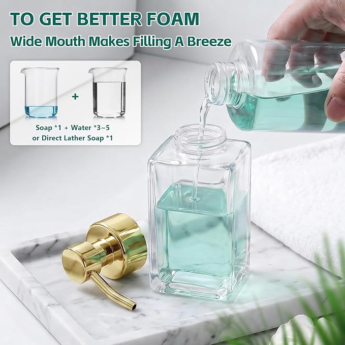 Foaming Soap Dispenser, 12oz/350ml Glass Foaming Hand Soap Dispenser Set, 2Pcs Refillable Foam Soap Dispenser with Foaming Pump, Labels, Square Foam Soap Hand Dispenser for Bathroom, Gold