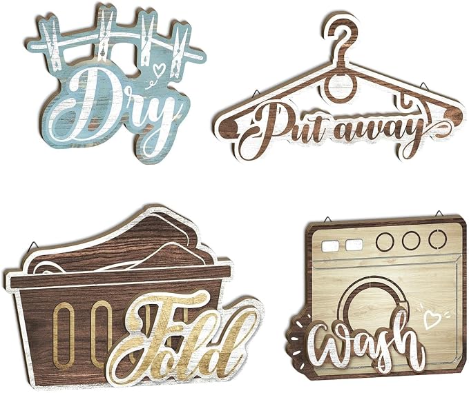 Putuo Decor Laundry Room Wall Decor Set, Farmhouse Style Wash Dry Fold Put Away Signs, Laundry Room Hanging Decor, Decorative Wall Art for Laundromats Home Utility Space