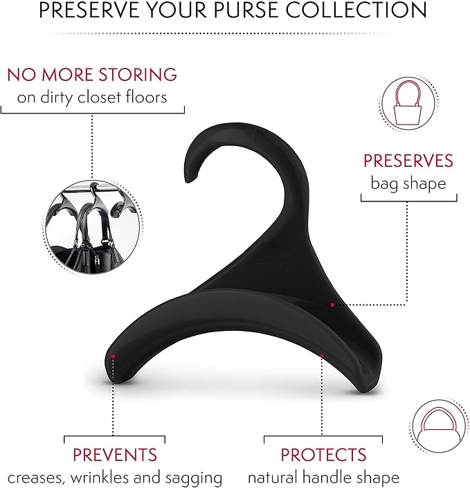 Bag-a-Vie Purse Hanger for Closet - Handbag Organizer Hooks for Hanging Bags & Purses, Protecting Bag Shape & Organizing Space (3 Hangers, Black Plastic)