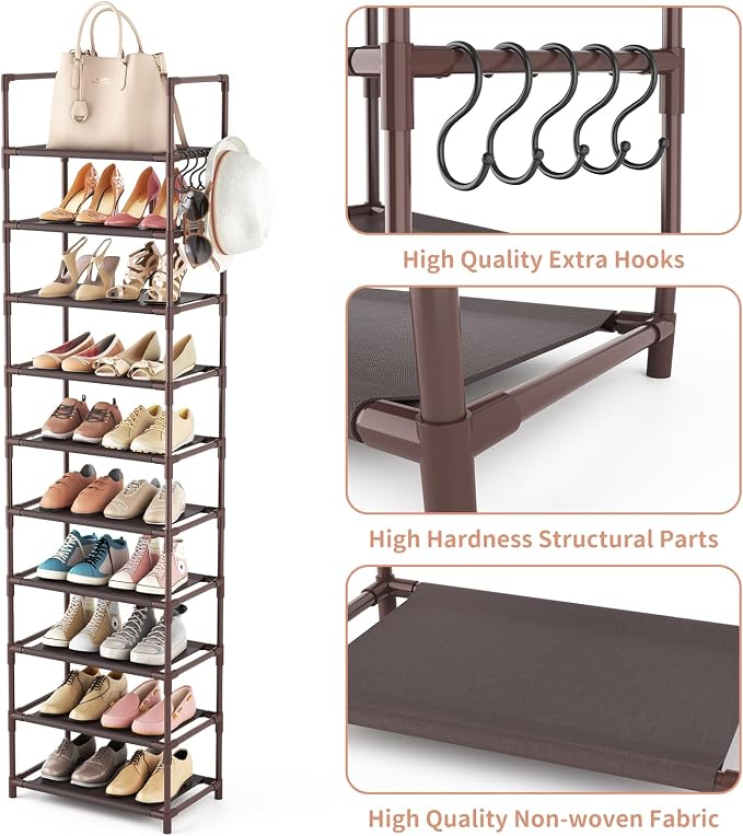LANTEFUL 10 Tiers Tall Shoe Rack 20-25 Pairs Boots Organizer Storage Sturdy Narrow Shoe Shelf for Entryway, Closets with Hooks, Brown