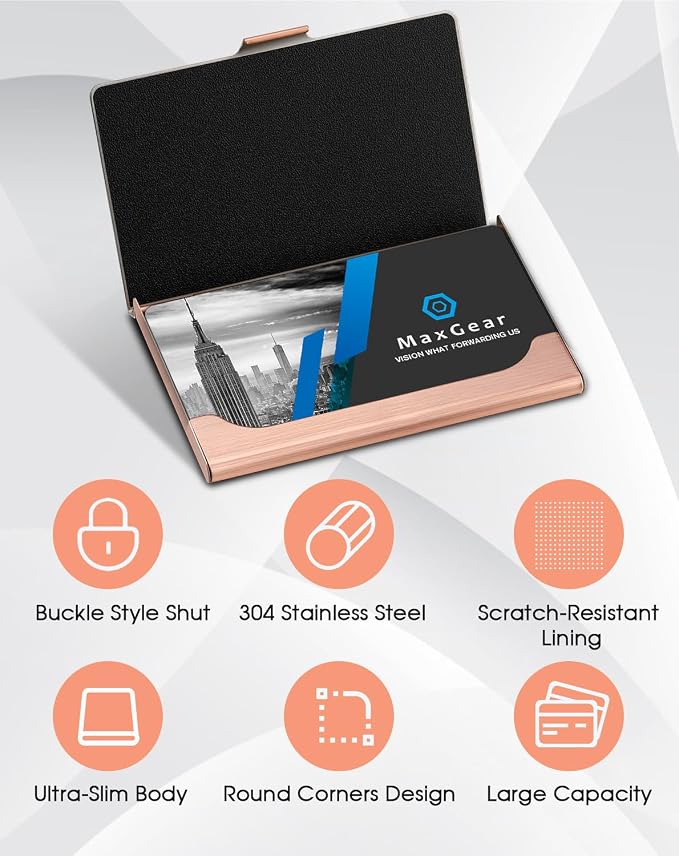 MaxGear Stainless Steel Business Card Holder, Slim Card Case, Rose Gold | Soft Interior Lining, Buckle Closure, Fits Standard Business Cards and Credit Cards