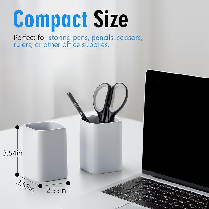 Ceramic Pen Holder Set of 2, Matte Square Pencil Cup for Desk, Heavyweight Stoneware Desk Organizer for Office Front Desk & Vanity, Modern Pen Cups Holder, Non-Slip Base - Matte white