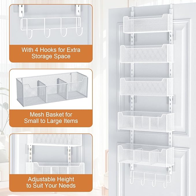 VyGrow Over The Door Organizer, Metal Door Organizer Hanging with 5 Adjustable Baskets and Coat Hook, Behind The Door Storage for Bedroom Closet Bathroom Pantry Cabinet Kitchen, White
