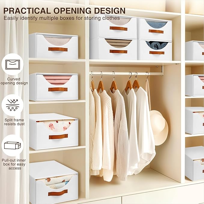 Homsorout Stackable Storage Drawers - Collapsible Storage Bins with Drawers, 4 Pack Closet Shelf Organizer Basket, Fabric Pull Out Organizer for Bedroom, Living Room, Dorm, White