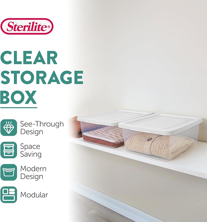 Sterilite 24-Pack Clear Storage Box, Stackable Container Bins with Lids, 12 Qt, White – Plastic Containers for Home, Closet, Bathroom, Classroom, and Office Organization