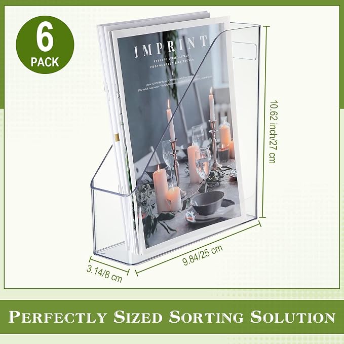 6 Pcs Clear Acrylic Magazine File Holder Plastic Desk Organizer with Handle Basics Vertical Magazine Rack Desk Folder Document Storage Organizer for Home Office School Work Study Desktop Supplies