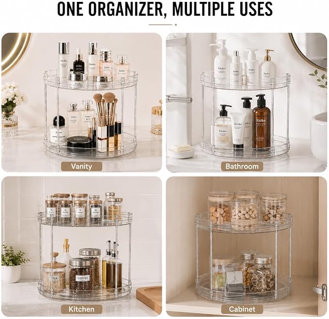 360° Rotating Bathroom Counter Organizer, 2 Tier Clear Makeup Organizer Vanity Storage for Skincare Perfume Cosmetics, Lazy Susan Spinning Storage for Bathroom Vanity Kitchen