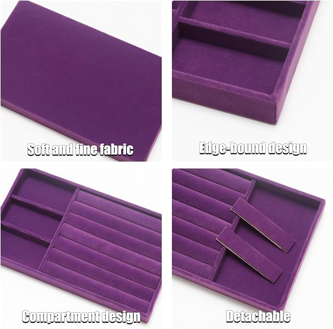 Velvet Jewelry Trays for Drawers, Purple Stackable Jewelry Drawer Organizer Inserts, Ring Earring Necklace Bracelet Holder Organizer Storage Display Tray with Removable Dividers, 2-in-1