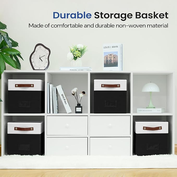 FinishingBo 10.5" x 11" Storage Bins with Labels 6 Pack | PU Leather Handles, Foldable Storage Cubes, Storage Baskets, Closet Storage, White/Black