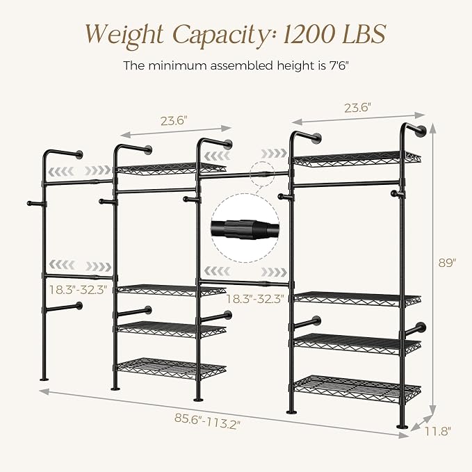 Wall Mounted Closet System, Heavy Duty 4-Row Clothes Rack, Expandable Industrial Pipe Closet Organizers and Storage with 4 Telescopic Rods, 2 Fixed Rods, 5 Hooks & 8 Shelves for Wardrobe, Bedroom