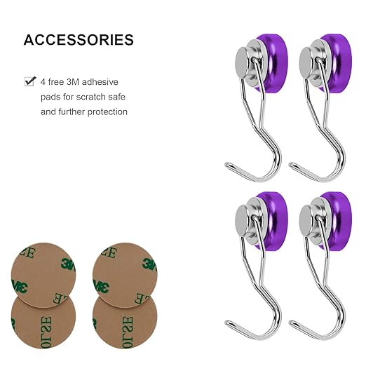 Ant Mag Swivel Magnetic Hooks 50lbs Heavy Duty Grill Magnet Hooks 4 Pack with Scratch Proof Stickers Great for Home Refrigerator Kitchen Store Grill BBQ Office Warehouse (Purple)