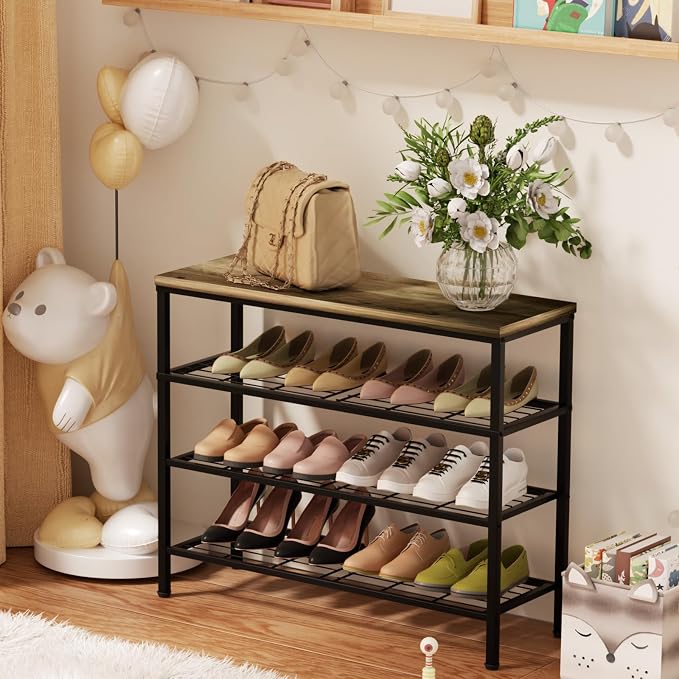 4-Tier Metal Shoe Rack with Wood Top - Durable & Space-Saving Shoe Organizer,Industrial Shoe Organizer Shelf Bench Storagefor Closet Entryway, Bedroom & Hallway - Gray + Black 28.5 W × 25.5" H