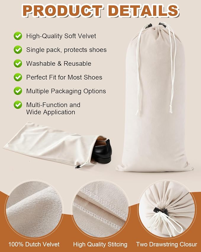 6 Pcs Single Shoe Bags for Travel, Dust Velvet Bags, Beige, 17.3x8.6 Inch | Washable & Reusable Travel Shoe Bags, Dustproof Shoe Bags with Drawstring Closure, Suitable for Travel, Home Storage