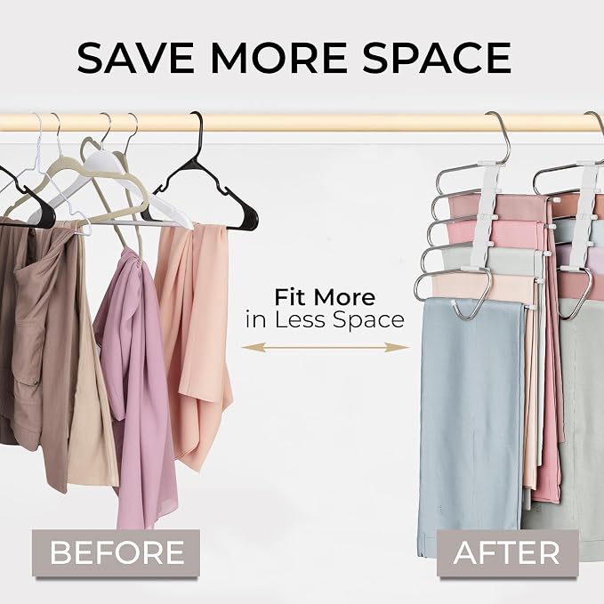 MORALVE Pants Hangers Space Saving - 4 Pack - Non-Slip Multi-Layer Space Saving Hangers - Multifunctional Clothing Rack for Closet Storage - Ideal for Jeans, Trousers, Skirts, Scarves & Slacks (White)