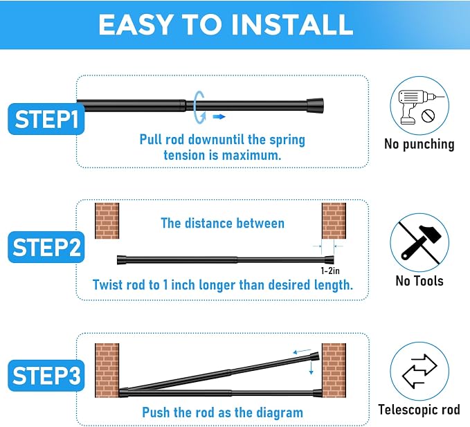 2 Pack Spring Loaded Tension Rod 16-26" Adjustable Curtain Rods No Drill Extendable Spring Rod Tension Curtain Rods For Window Kitchen Shelves Rv Refrigerator And Small Spaces,Black