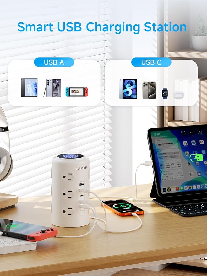Tower Power Strip with 1 Dedicated PD 20W Fast-Charging Port, 12 Outlets, 5 USB Ports (3 USB-C), Desk Charging Station for Multiple Devices,10FT Extension Cord, Home Office Essentials