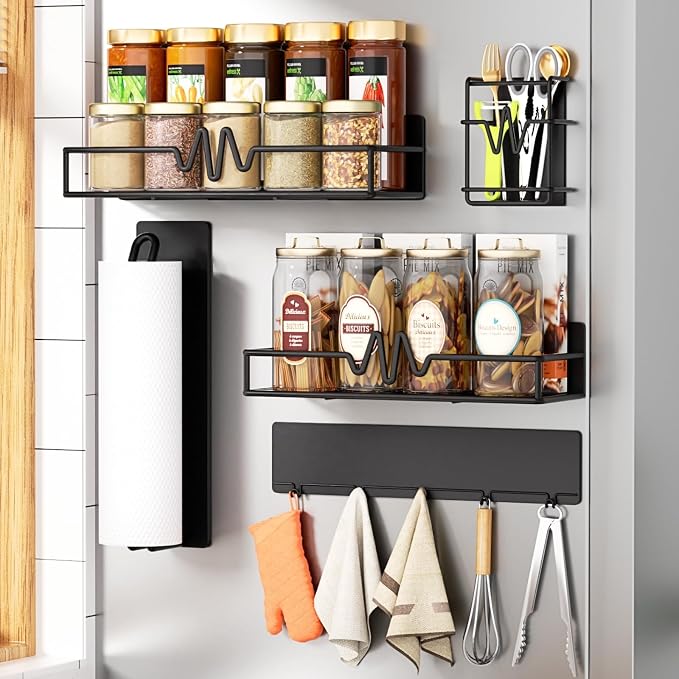 Ofiray-home 5-Pack Magnetic Spice Rack for Refrigerator, Black | Heavy Duty Magnetic Shelf, Paper Towel Holder Included, Utensils Racks & Hook Rail, Home Kitchen Laundry Room RV Storage