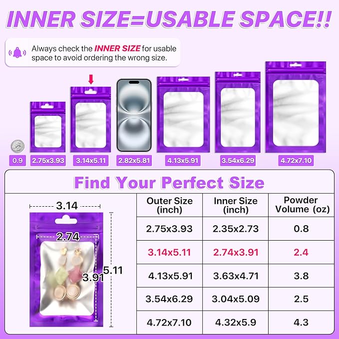 100 PCS Resealable Mylar Bags with Zipper and Frosted Clear Window Smell Proof Packaging Bags Foil Pouch Zip Bag for Food Self Sealing Storage Supplies (Purple, 3.14x5.11)