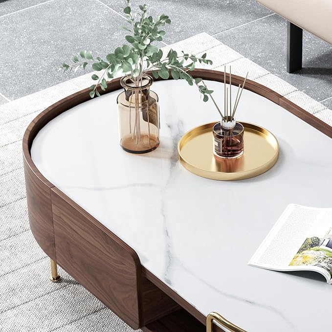 Lartis Oval Coffee Table in Walnut, Sintered Stone Living Room Table with Semi-Circular Storage,Multi Functional Marvel for Modern Living Room (White, 51 in)